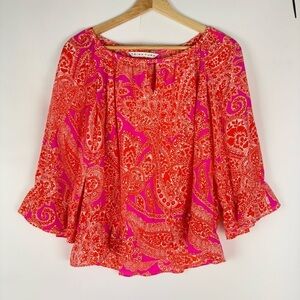 Trina Turk Orange And Pink Silk Keyhole Blouse